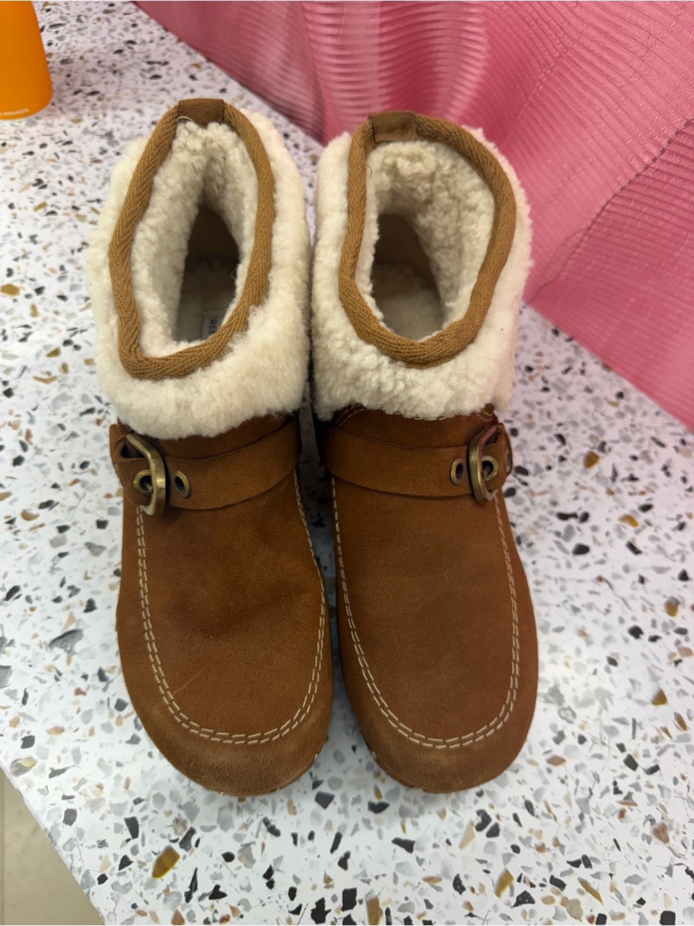 Free People Chestnut Brown Shearling-Lined Clog Mules